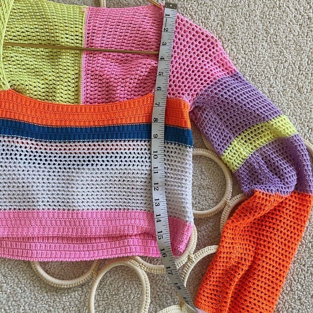 Multicolor Crochet Knit Colorblock Crop Top Square Neck Long Sleeve Small - Picture 4 of 9